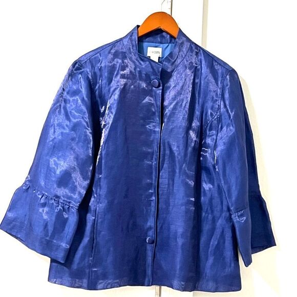 Chico’s Size 2 Metallic Linen Blend Long Bell Sleeve Jacket Blazer Cobalt - Picture 1 of 12